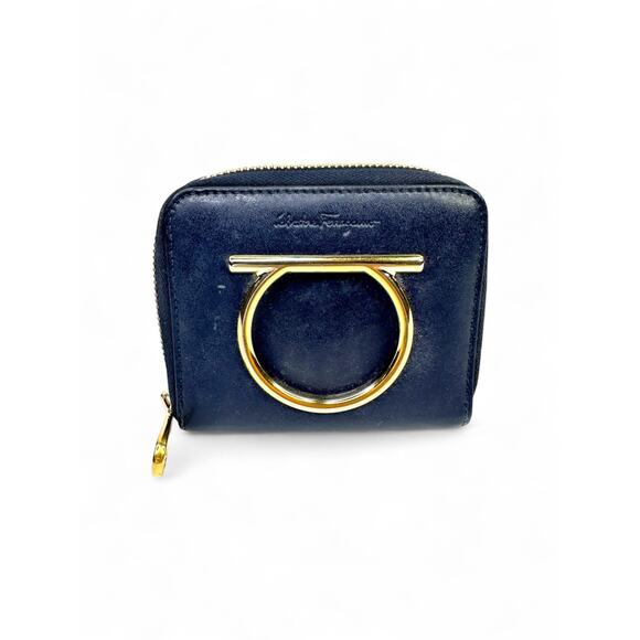 Salvatore Ferragamo Compact Gancini Leather Navy Blue Zip Around Wallet - Picture 1 of 7